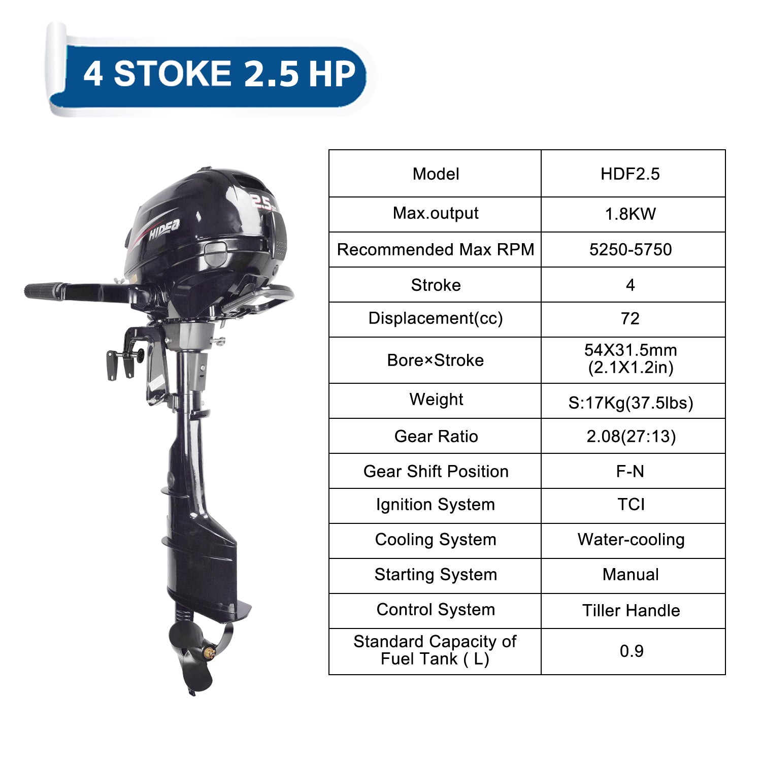 Moteur hors-bord HDF2.5HS HIDEA 4 temps 2,5HP arbre court