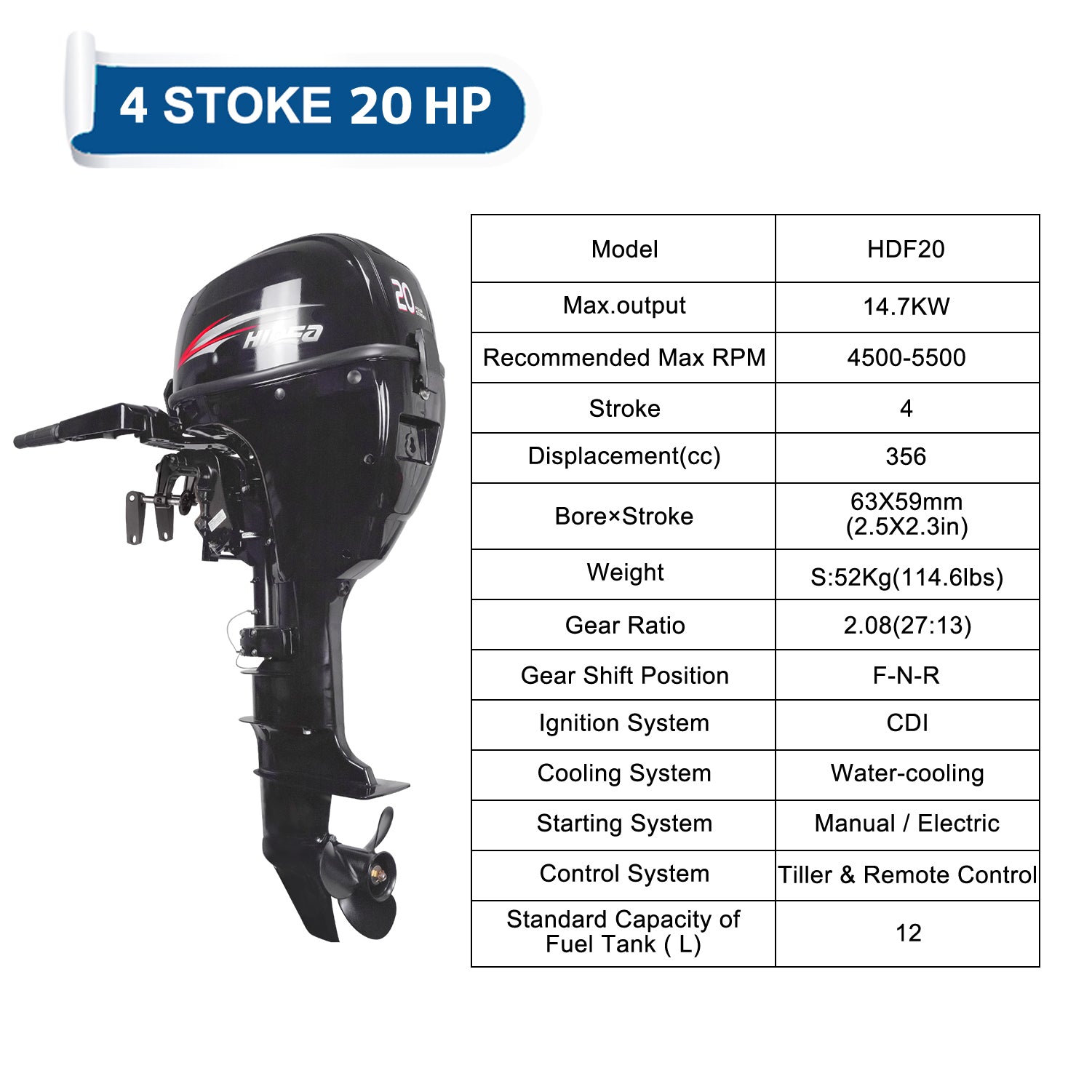 Moteur hors-bord HDF20 HIDEA 4 temps 20HP