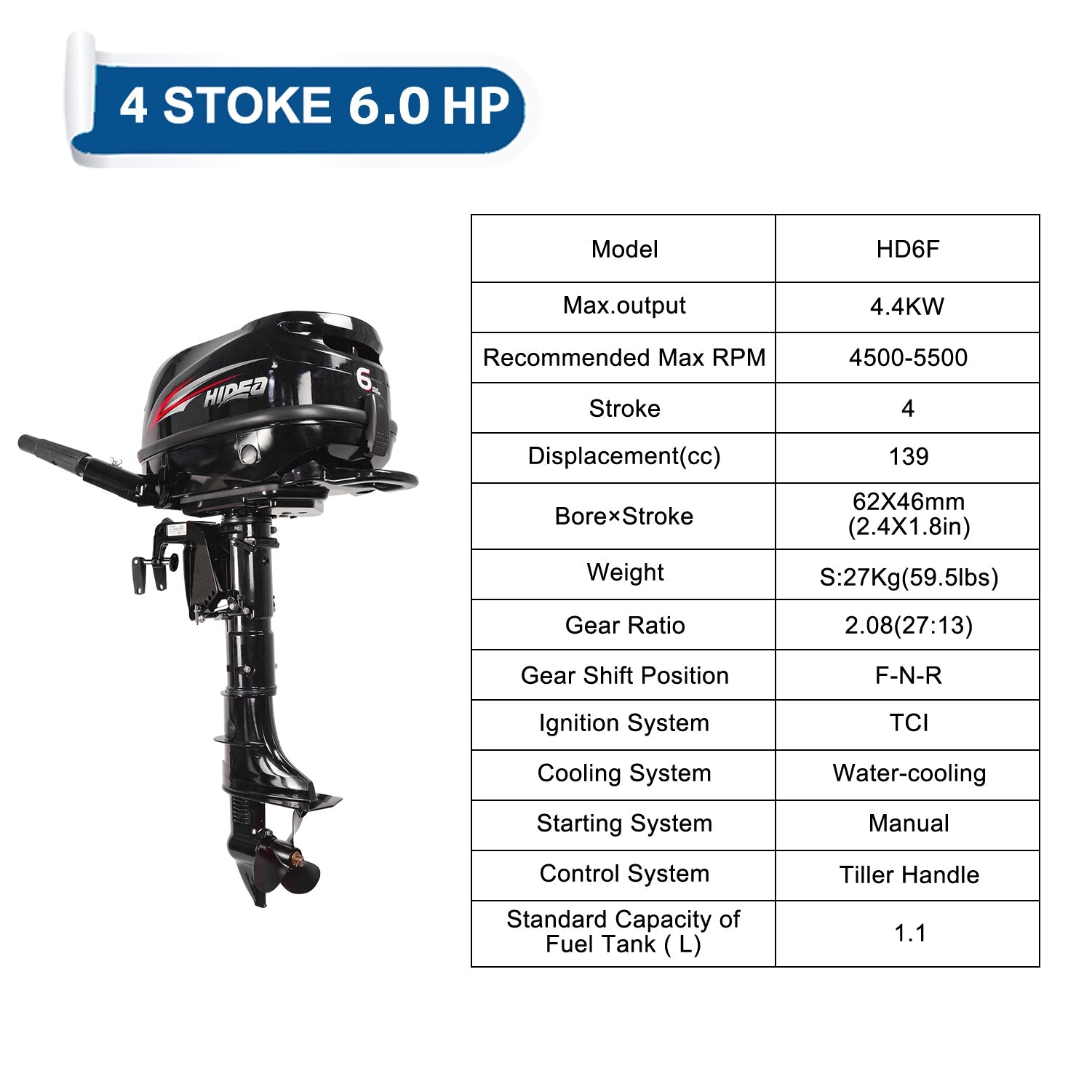 Moteur hors-bord HDF9.9 HIDEA 4 temps 9,9 CV