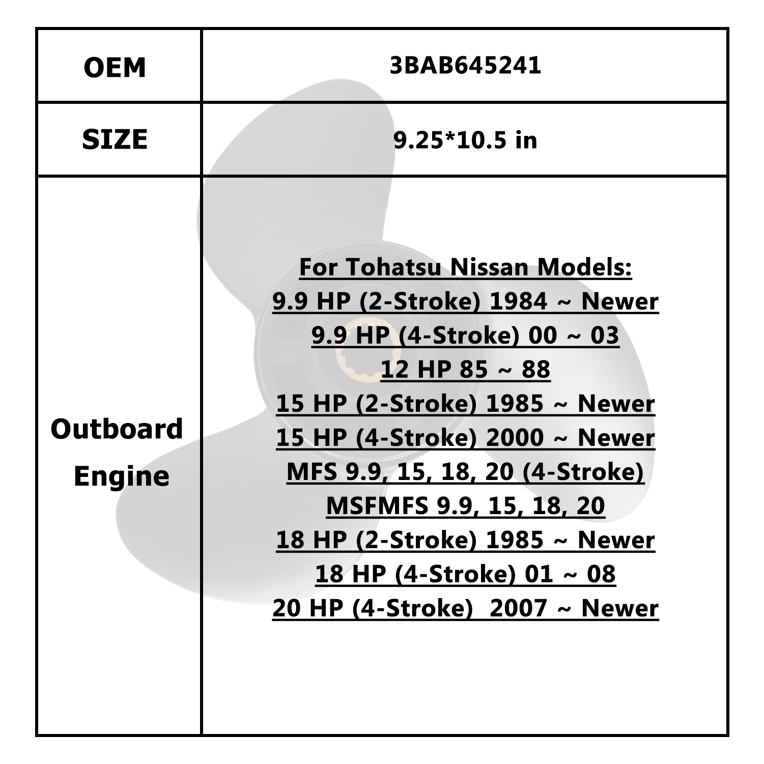 Hélice de Motor de barco para Tohatsu Nissan 9,9-18HP 362B641010 3BAB645241