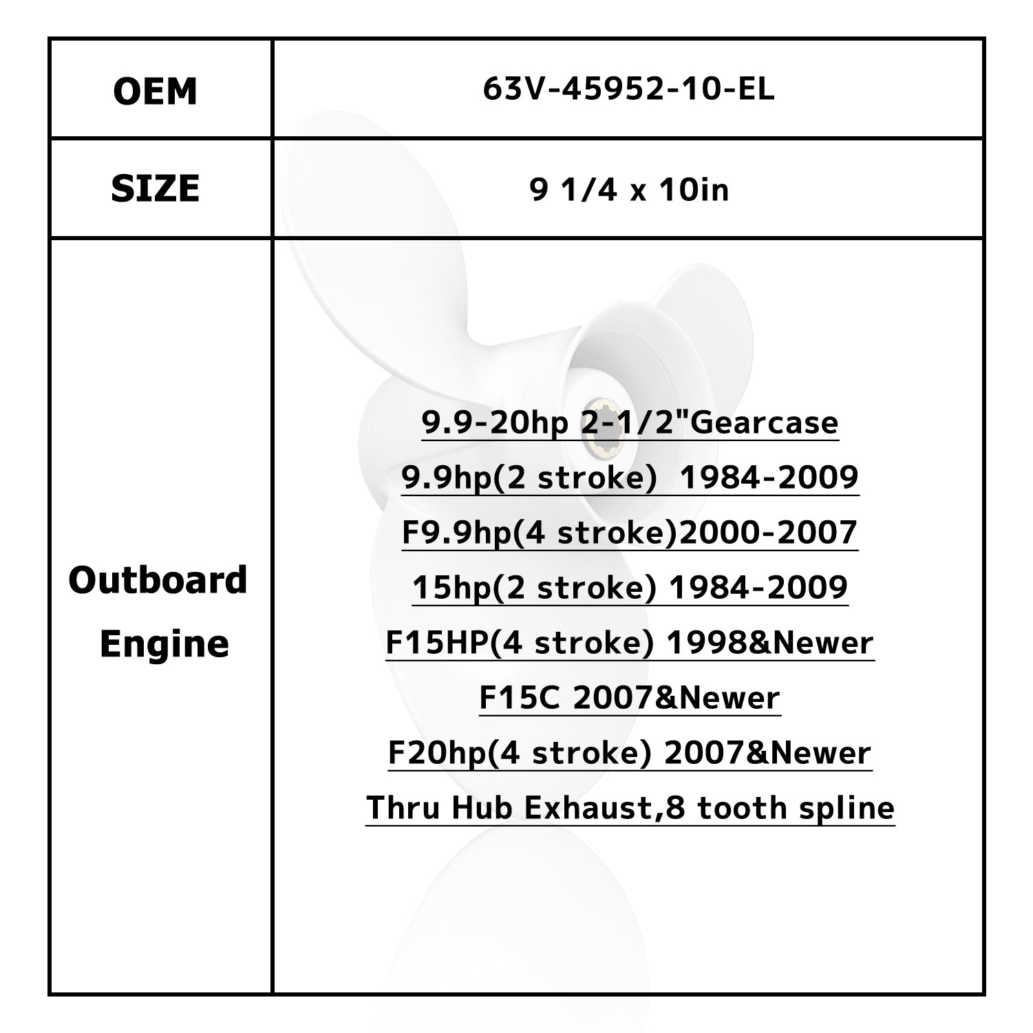 Boat Motor Propeller for YAMAHA/HIDEA 9.9-15HP 63V-45941-00-EL 63V-45943-10-EL 63V-45945-10-EL 63V-45947-00-EL 63V-45952-10-EL 683-45941-00-EL 683-45943-00-EL 683-45945-00 683-45947-00 683-45952-00-EL
