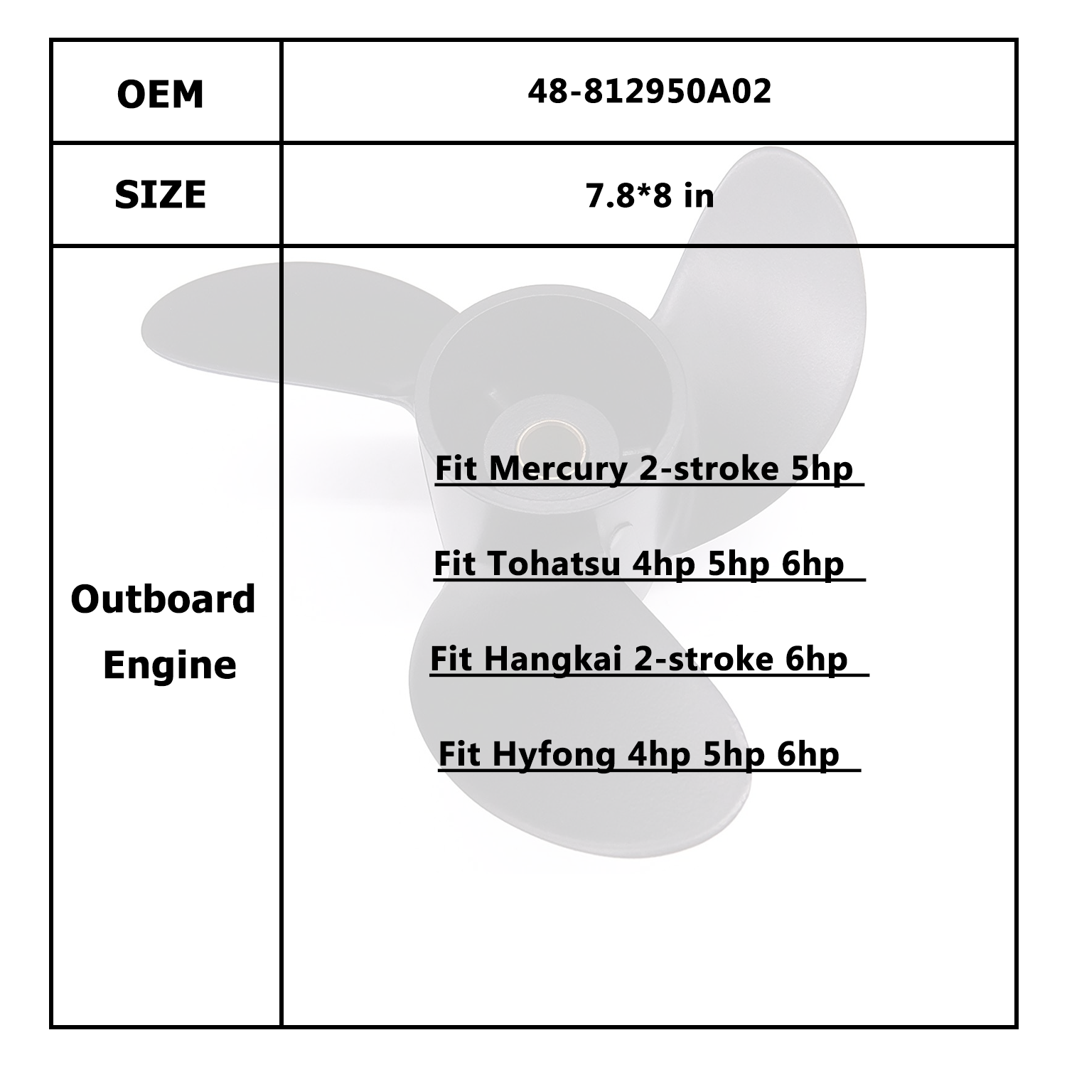Boat Motor Propeller for Mercury/Mercruiser/Mariner 5HP 48-812950A02 48-812951A02