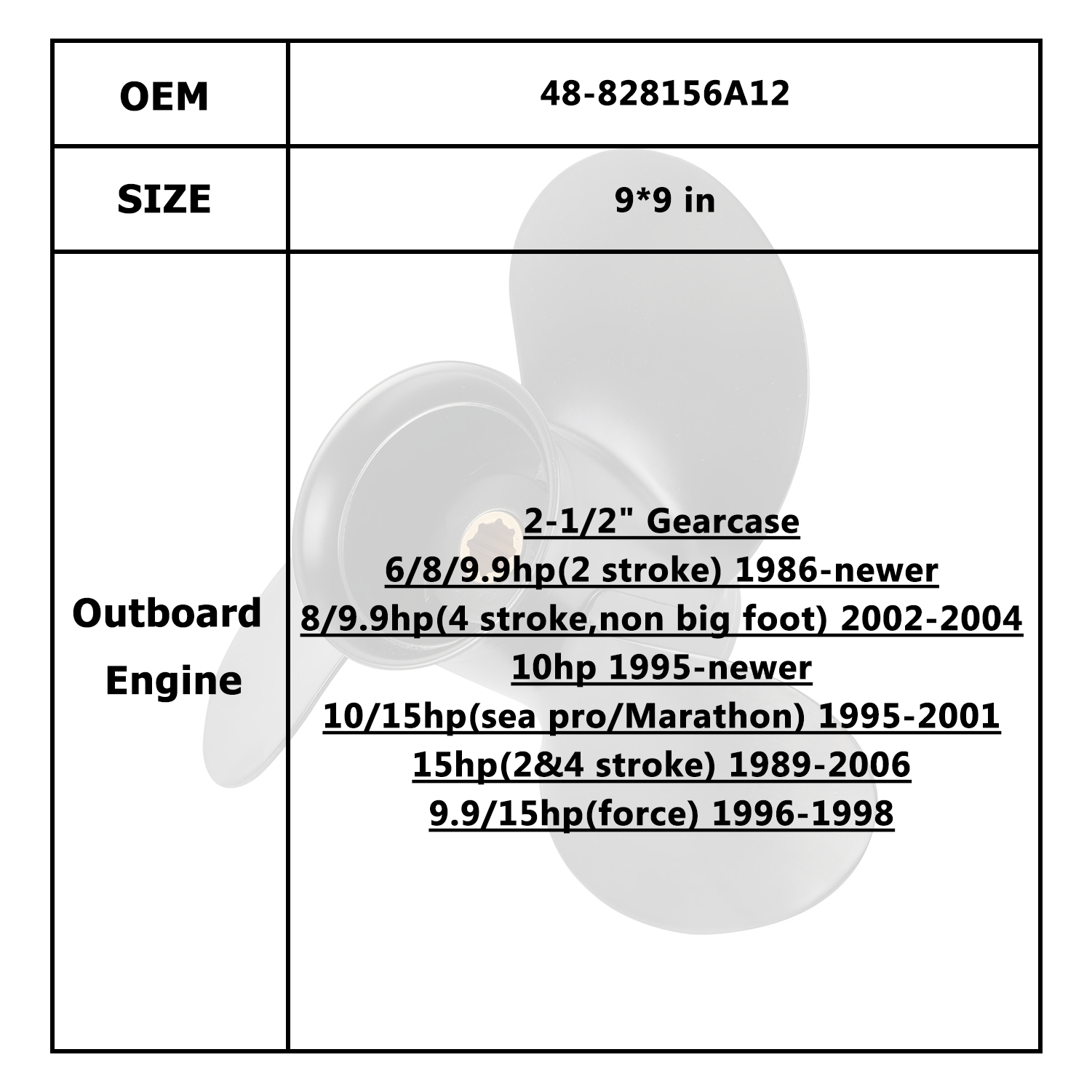 Boat Motor Propeller for Mercury/Mercruiser/Mariner 6-15HP 48-828154A12 48-828156A12 48-828158A12