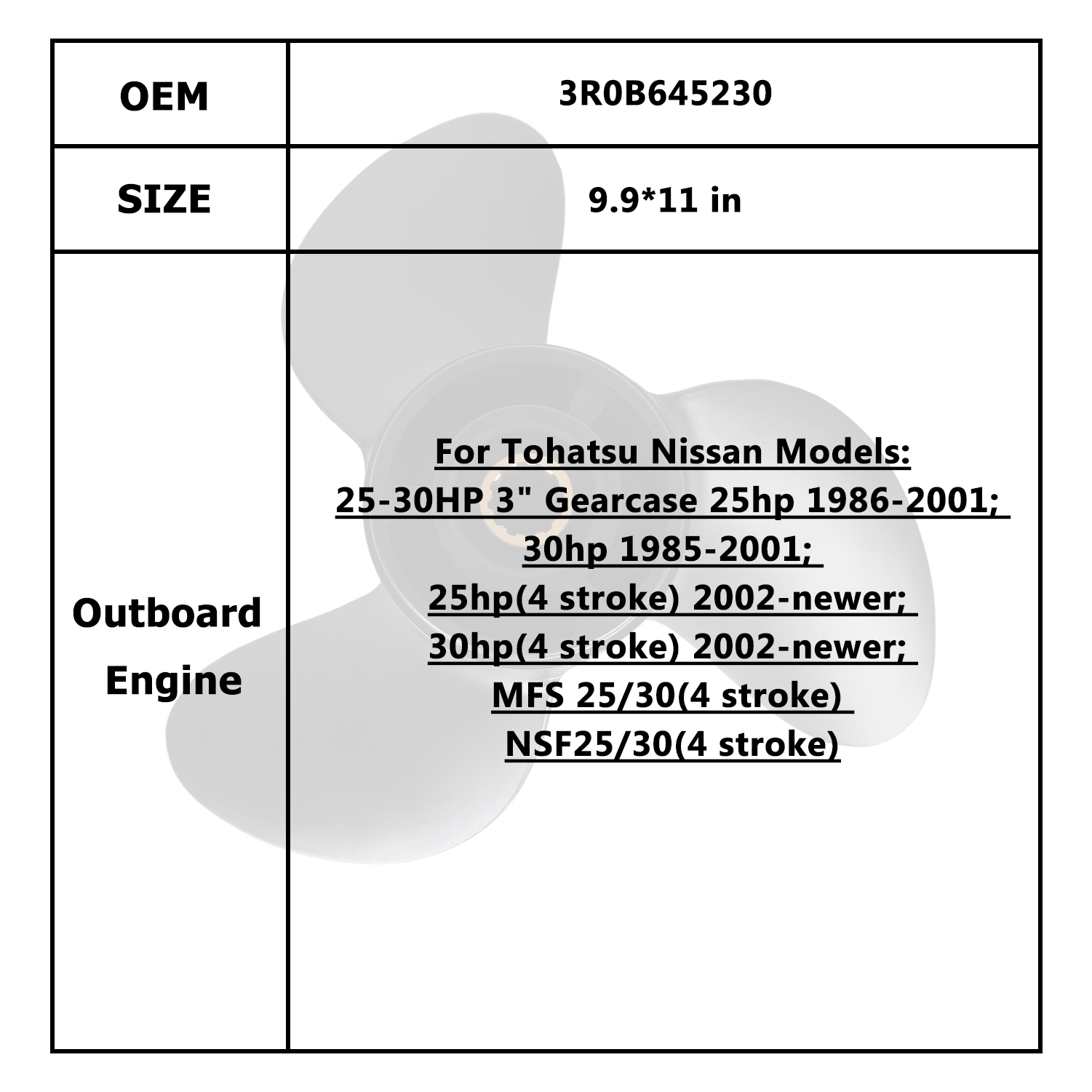 Hélice de moteur de bateau pour Tohatsu Nissan 25-30HP 3R0B645230 3R0B645270