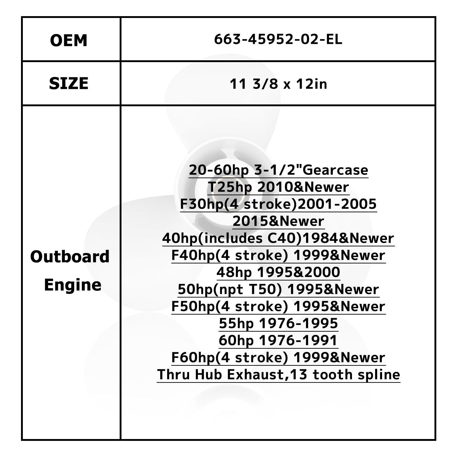 Hélice de Motor de barco para YAMAHA/HIDEA 40-60HP 69W-45945-00-EL 69W-45947-00-EL 663-45943-02-EL 663-45952-02-EL 663-45954-01-EL 663-45958-01 -EL 663-45974-02-98