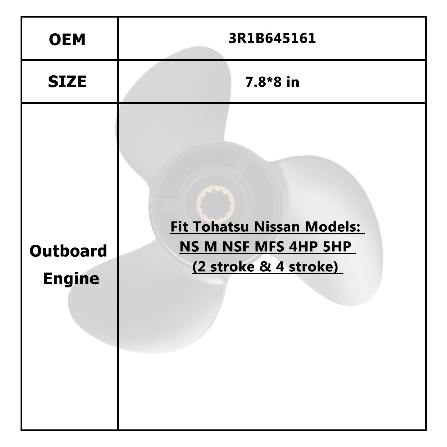 Hélice de Motor de barco para Tohatsu Nissan 4-6HP 3R1B645161 369B645181