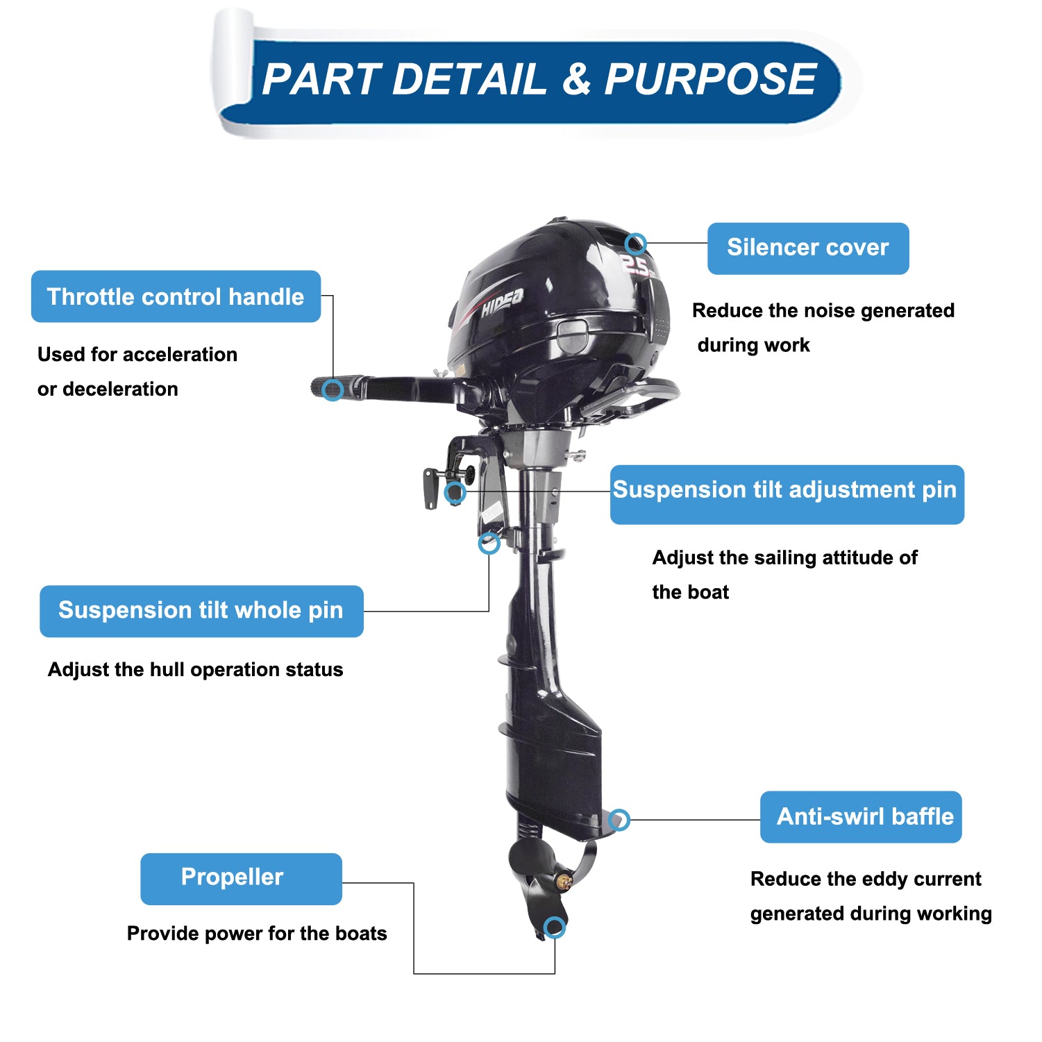 HDF2.5HS HIDEA Outboard Engine 4 Stroke 2.5HP Short Shaft