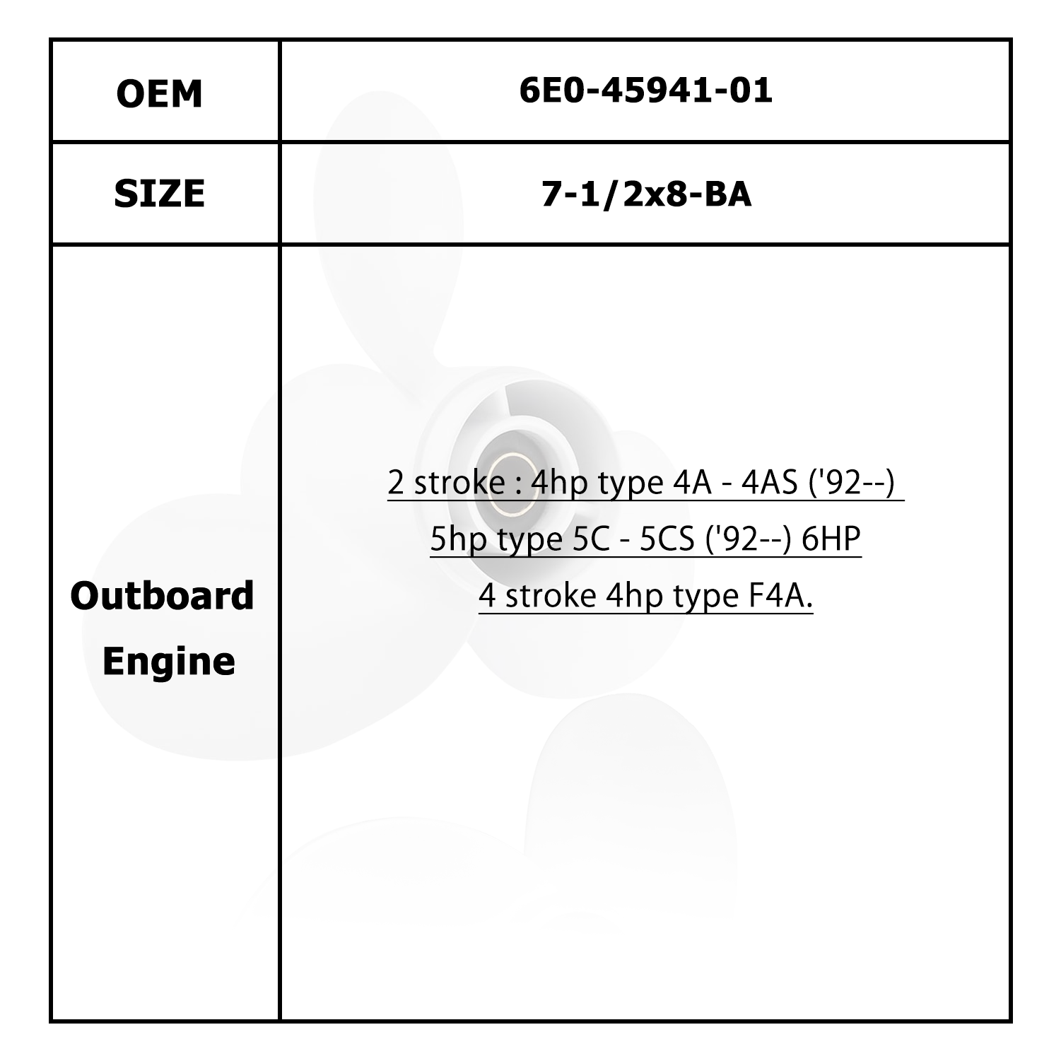 Hélice de moteur de bateau pour YAMAHA/HIDEA 4-6HP 6E0-45941-01 6E0-45943-01