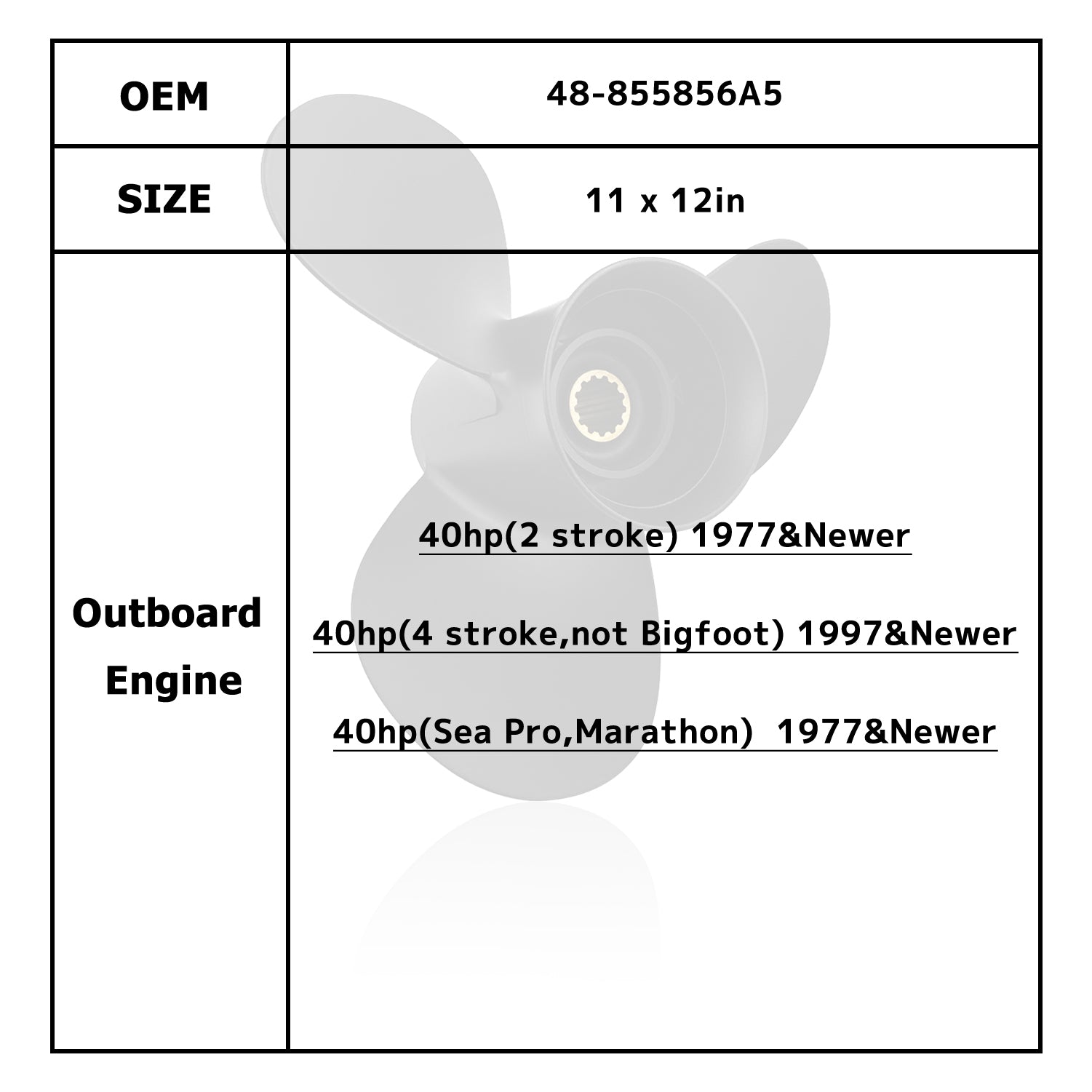 Hélice de Motor de barco para Mercury/Mercruiser/Mariner 40HP 48-823478A5 48-855856A5 48-855860A