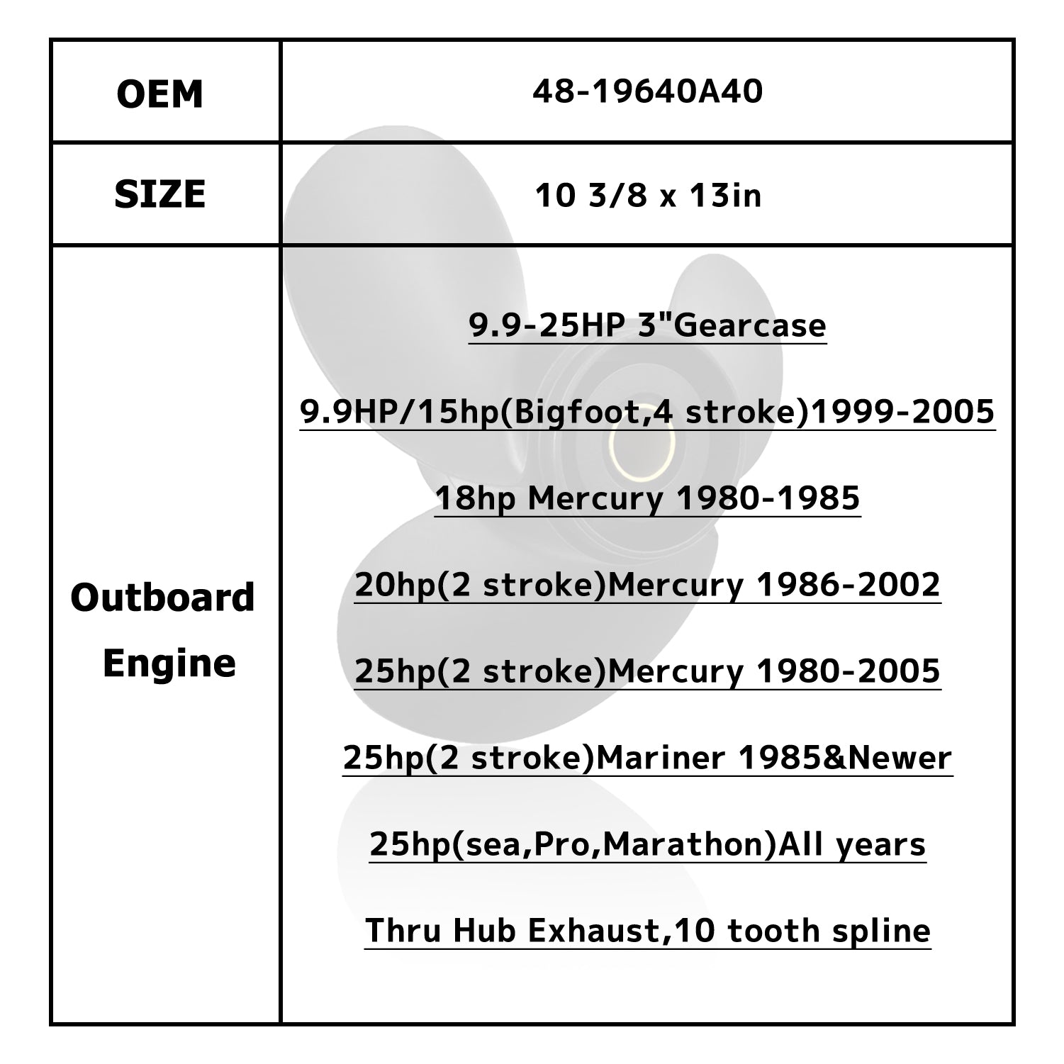 Hélice de moteur de bateau pour Mercury/Mercruiser/Mariner 9.9-25HP 48-19640A40 10-3/8*13