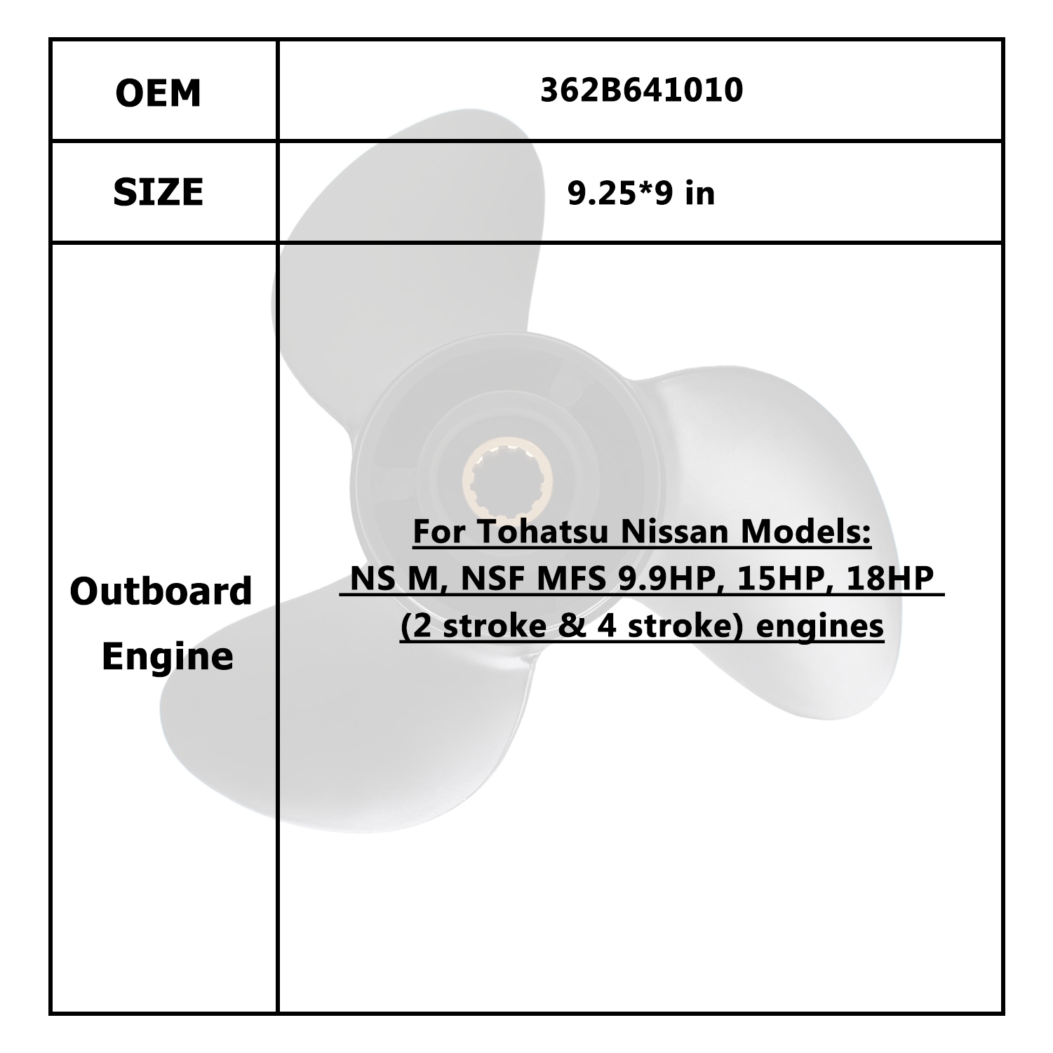 Hélice de Motor de barco para Tohatsu Nissan 9,9-18HP 362B641010 3BAB645241