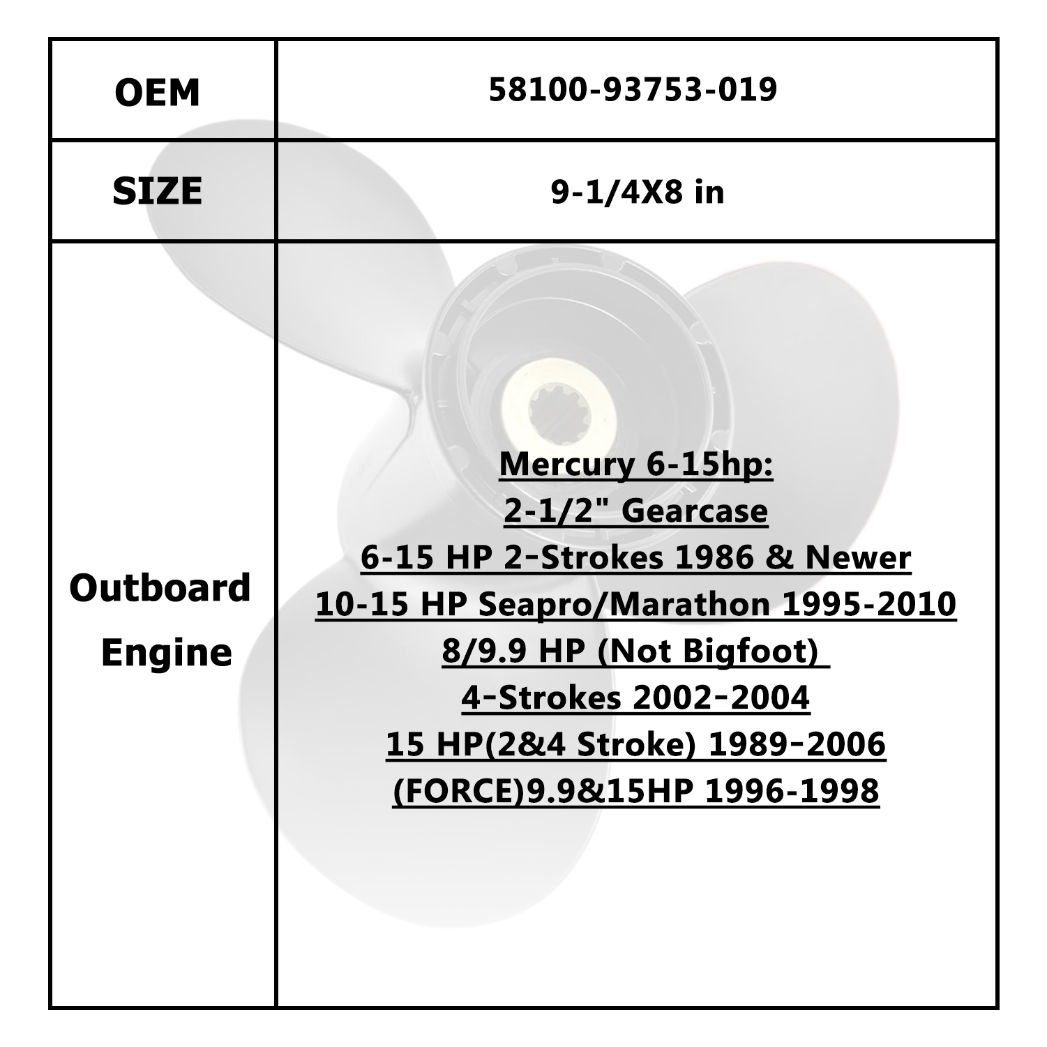 Hélice de moteur de bateau pour SUZUKI 15HP 58100-93753-019 58100-93723-019 58100-93733-019 58100-93743-019