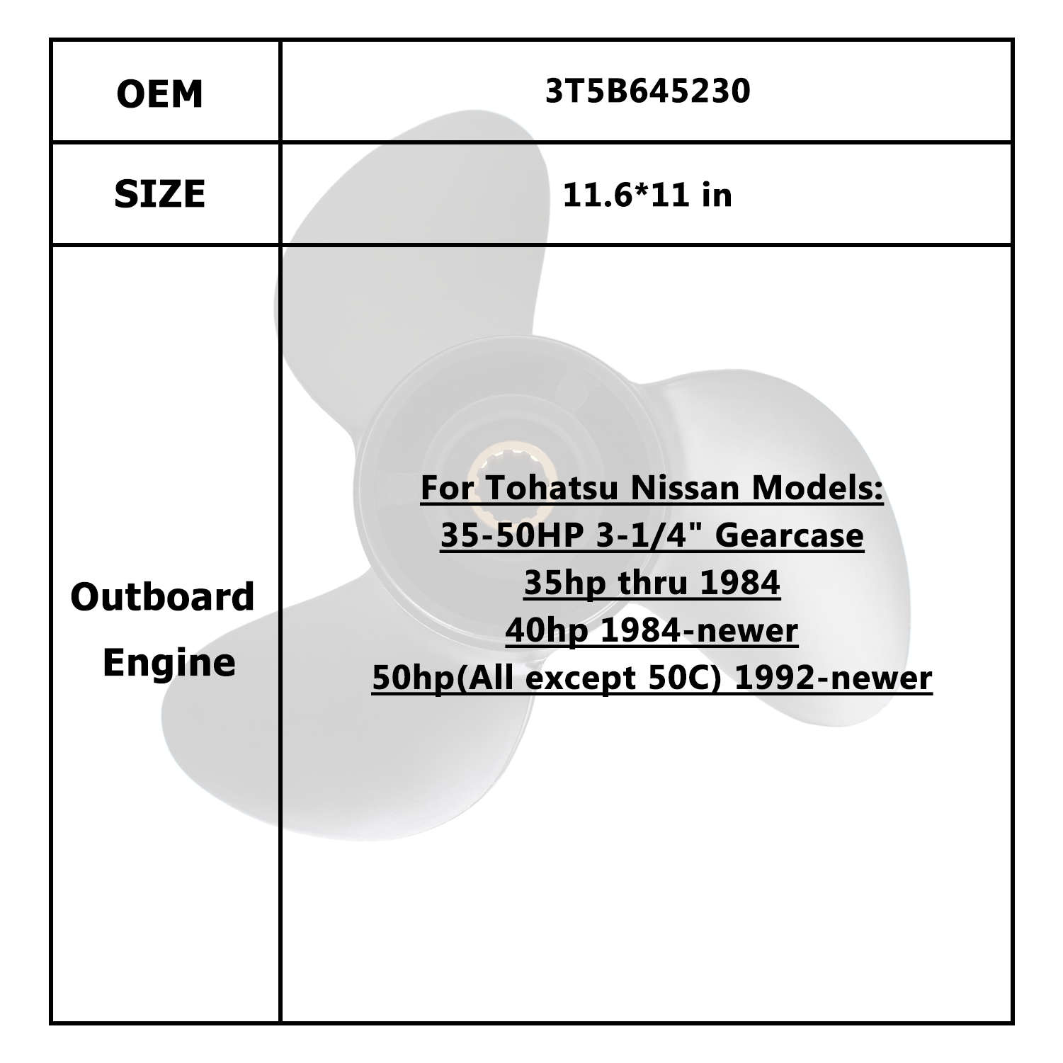 Hélice de moteur de bateau pour Tohatsu Nissan 35-50HP 3T5B645230 3T5B645250 3T5B645270