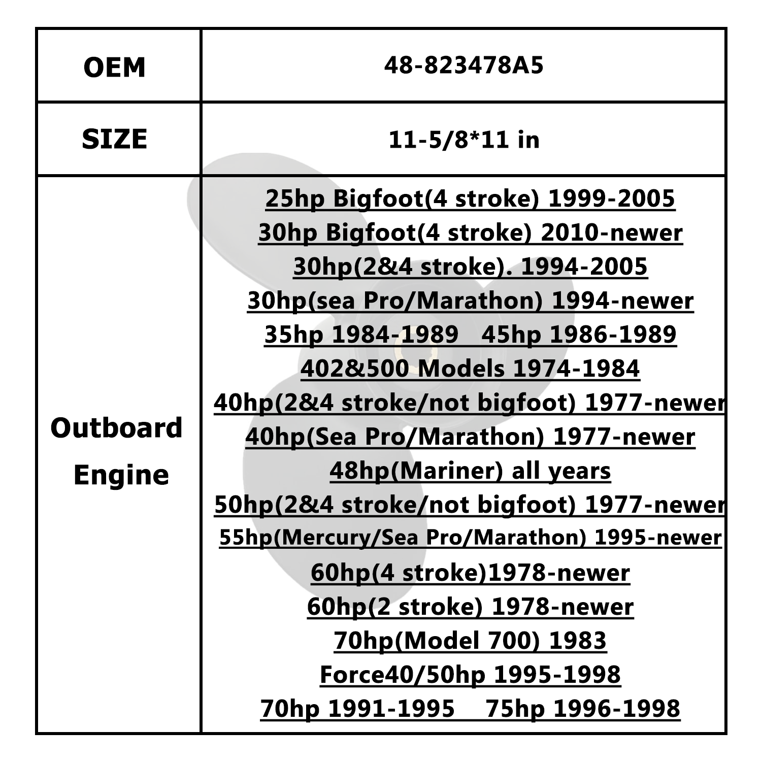Hélice de Motor de barco para Mercury/Mercruiser/Mariner 40HP 48-823478A5 48-855856A5 48-855860A
