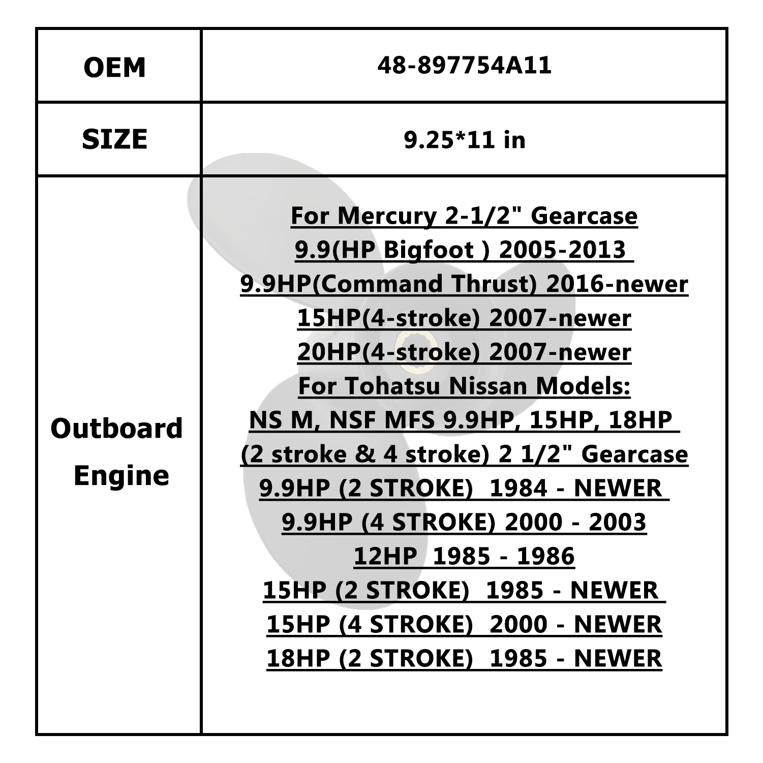 Hélice de Motor de barco para Mercury/Mercruiser/Mariner 9,9-20HP 48-897750A11 48-897752A11 48-897754A11