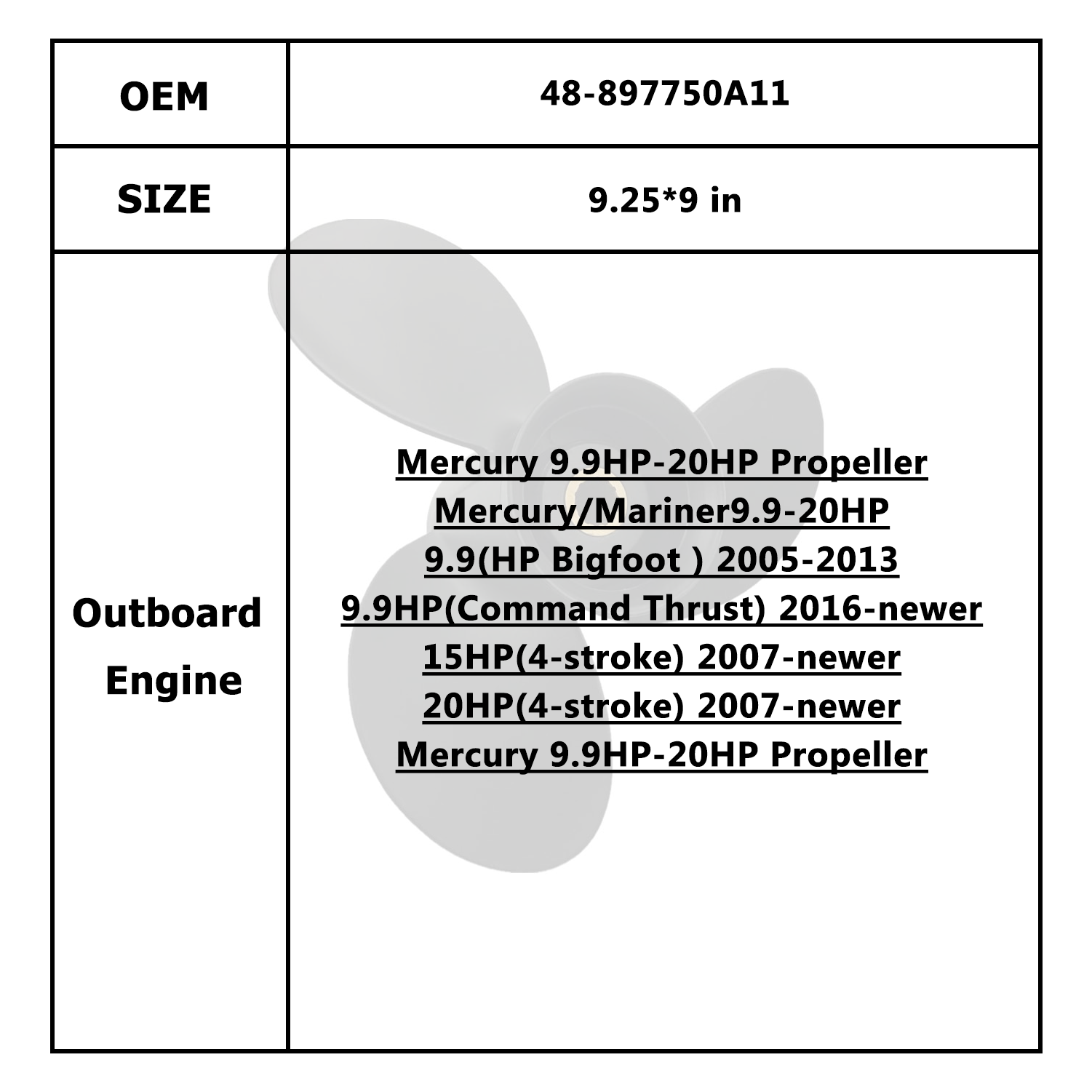Hélice de Motor de barco para Mercury/Mercruiser/Mariner 9,9-20HP 48-897750A11 48-897752A11 48-897754A11