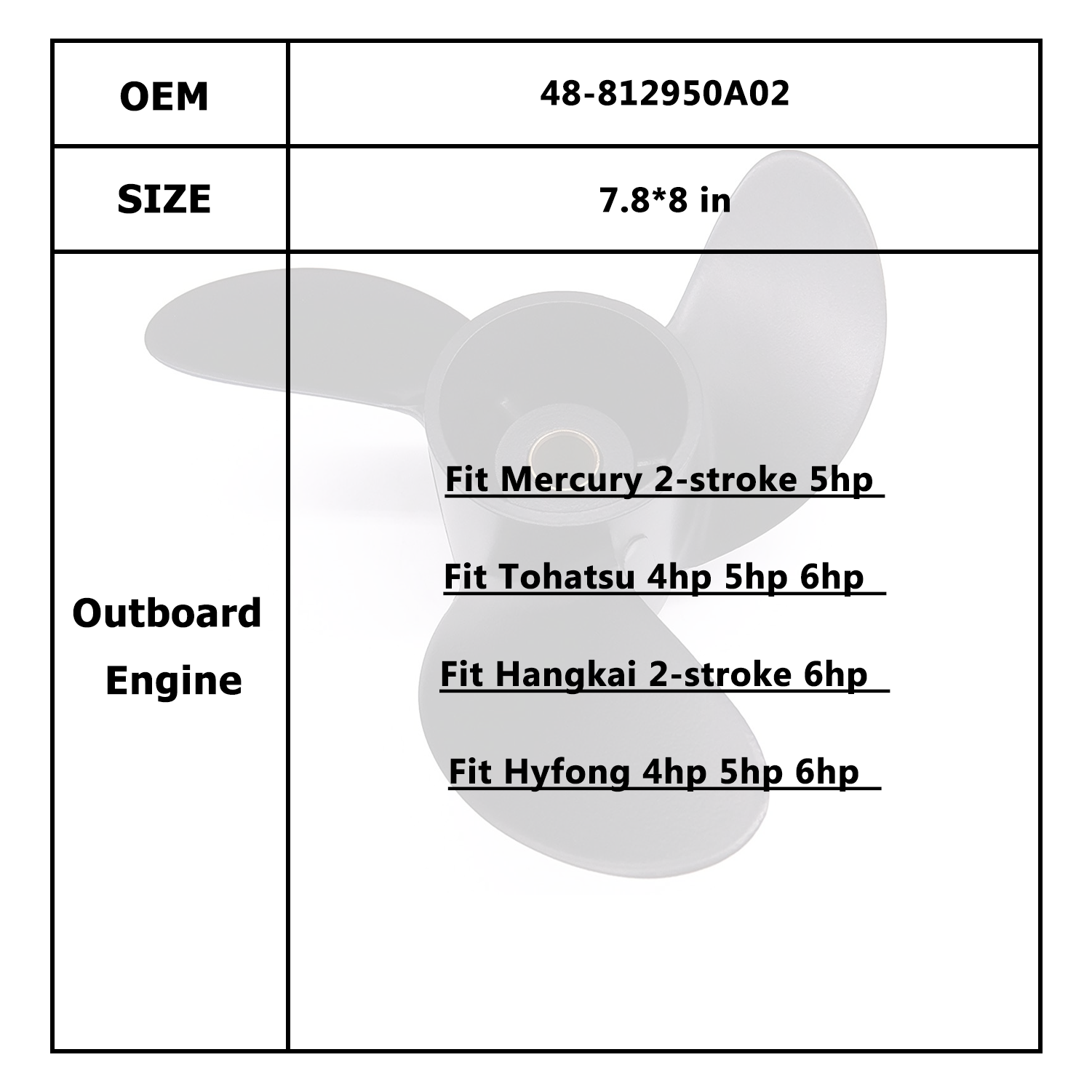 Hélice de motor de barco para Mercury/Mercruiser/Mariner 5HP 48-812950A02 48-812951A02