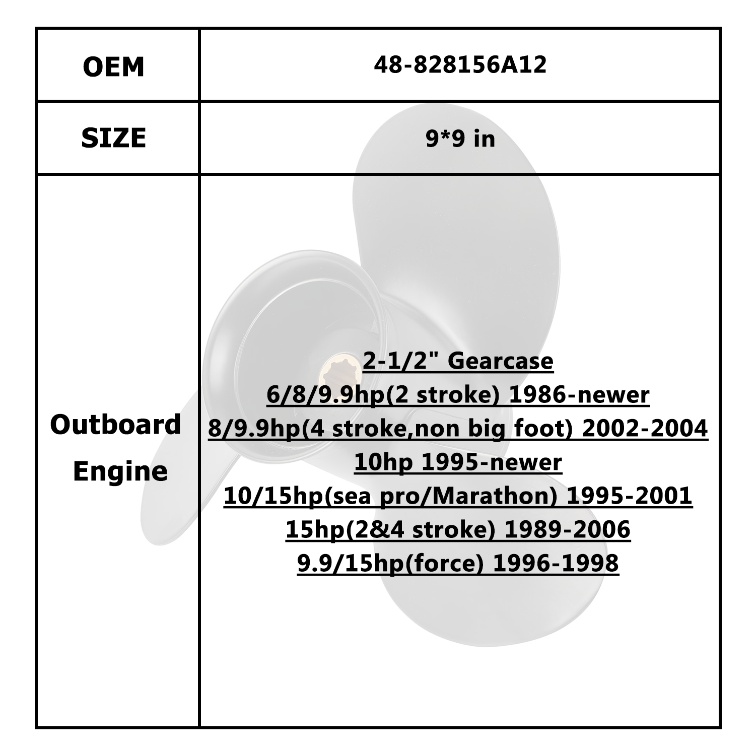 Hélice de motor de barco para Mercury/Mercruiser/Mariner 6-15HP 48-828154A12 48-828156A12 48-828158A12
