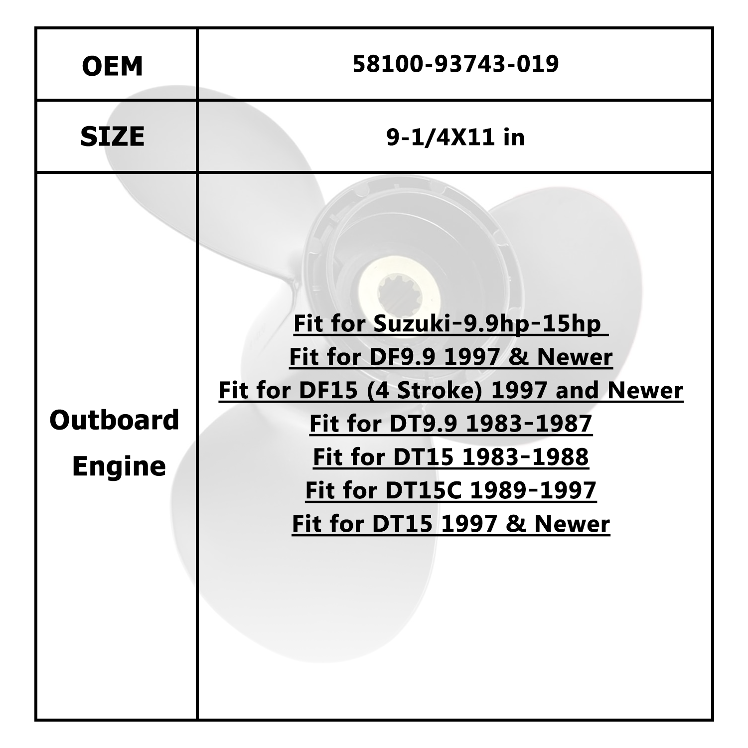 Hélice de moteur de bateau pour SUZUKI 15HP 58100-93753-019 58100-93723-019 58100-93733-019 58100-93743-019