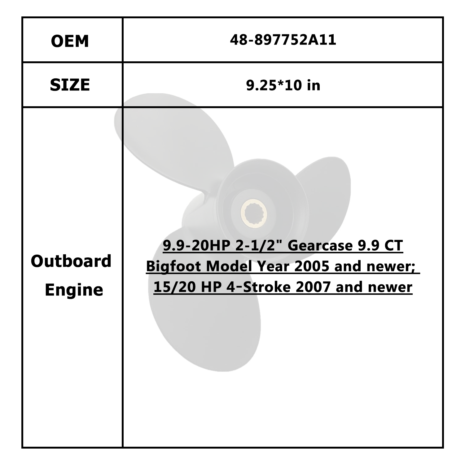 Hélice de Motor de barco para Mercury/Mercruiser/Mariner 9,9-20HP 48-897750A11 48-897752A11 48-897754A11