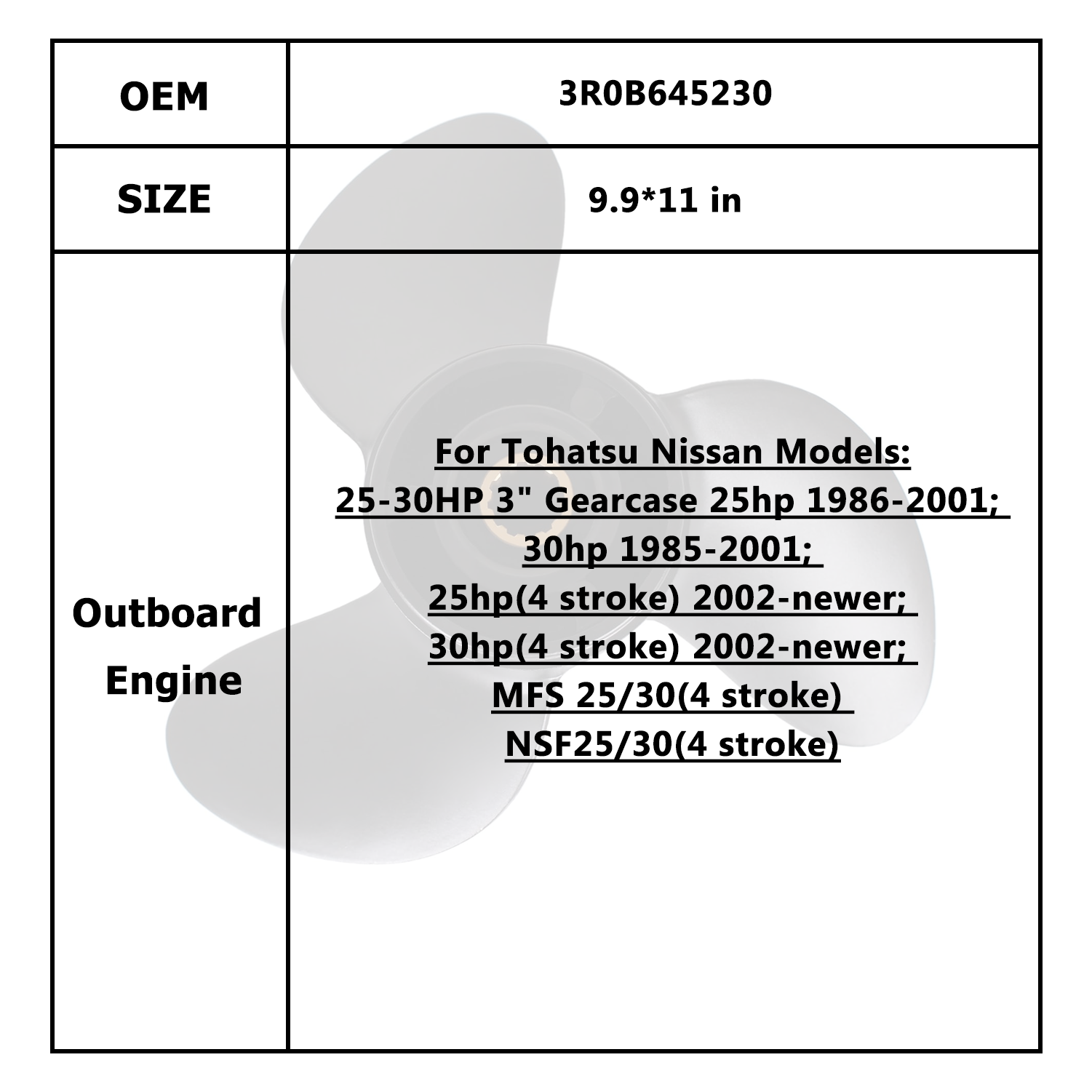 Boat Motor Propeller for Tohatsu Nissan 25-30HP 3R0B645230 3R0B645270