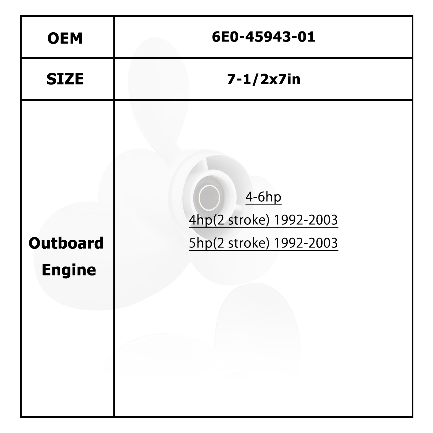 Hélice de moteur de bateau pour YAMAHA/HIDEA 4-6HP 6E0-45941-01 6E0-45943-01