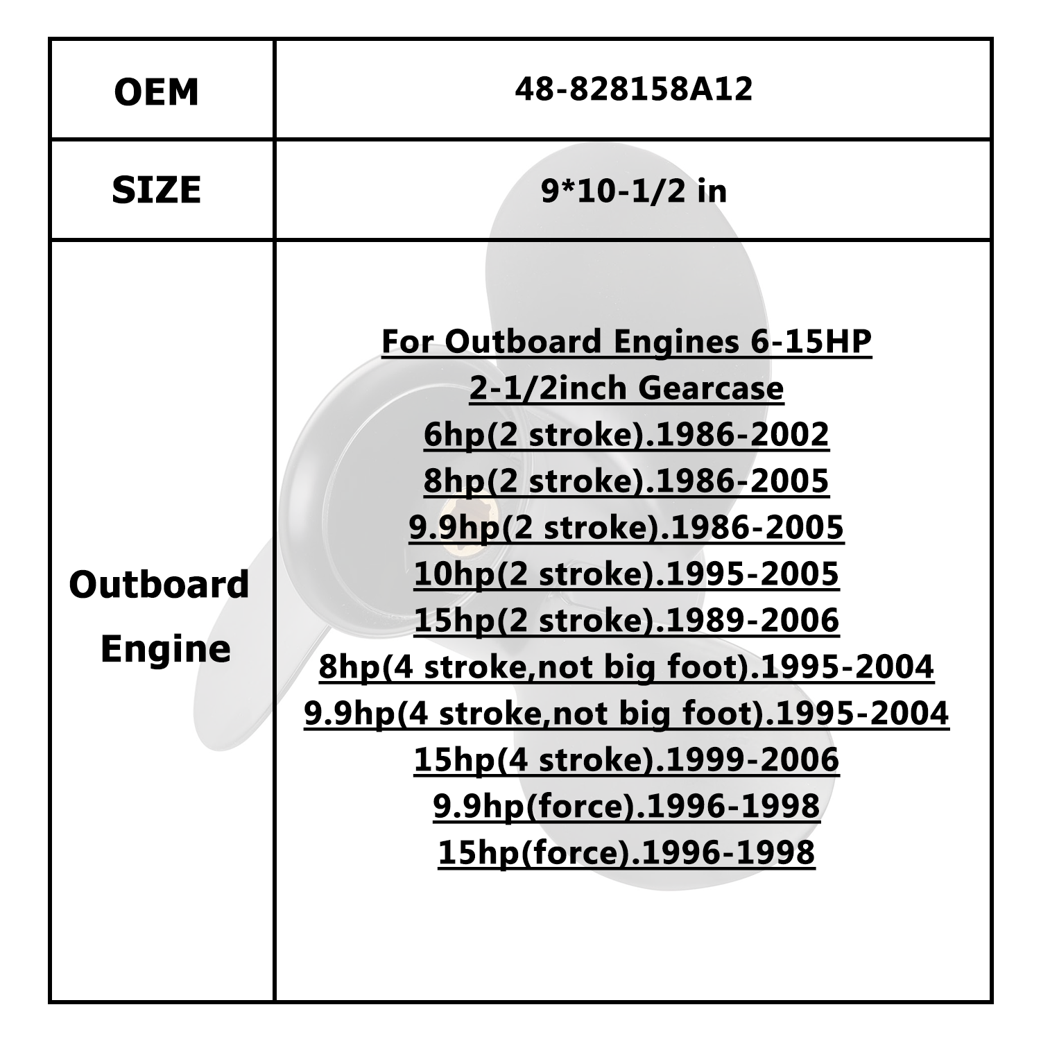 Boat Motor Propeller for Mercury/Mercruiser/Mariner 6-15HP 48-828154A12 48-828156A12 48-828158A12