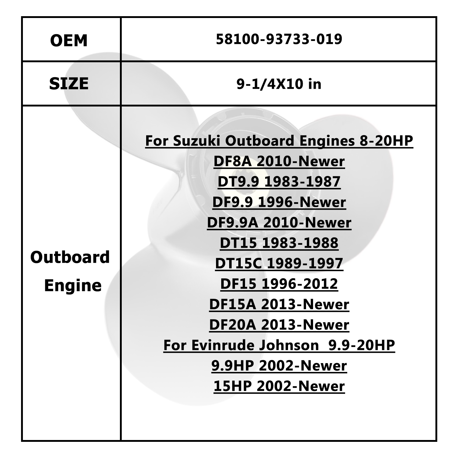 Hélice de moteur de bateau pour SUZUKI 15HP 58100-93753-019 58100-93723-019 58100-93733-019 58100-93743-019